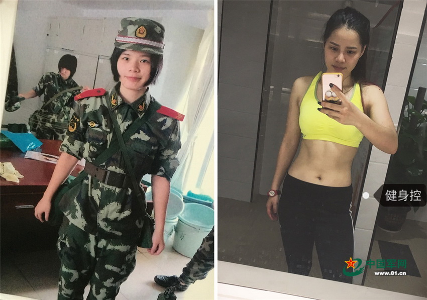 “90后”广州姑娘李晓玲当兵时和退伍后（拼版图片）
