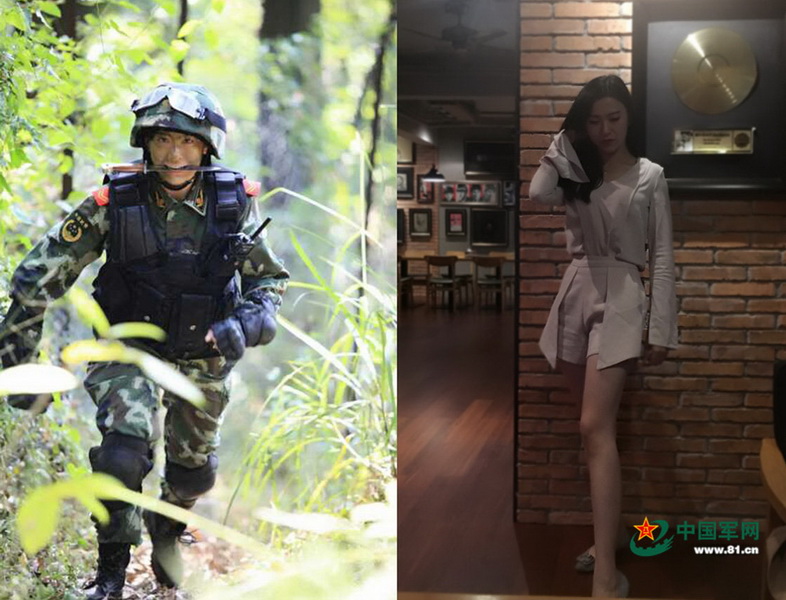 “90后”广东姑娘曾佩妍当兵时和退伍后（拼版图片）。