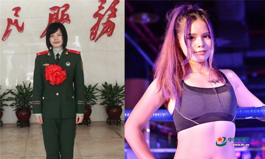 “90后”广州姑娘李晓玲当兵时和退伍后（拼版图片）。