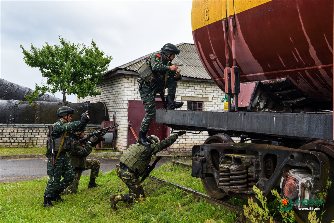 7月16日，中白“聯合盾牌—2017”聯合反恐訓練參訓官兵開展交通工具捕殲犯罪分子訓練。高超攝