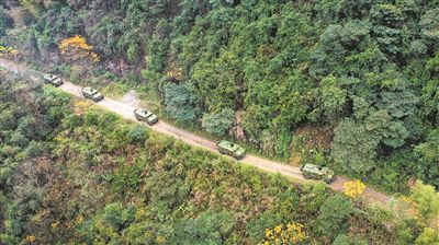 祖国昌带领官兵在山岳丛林间驾车训练。